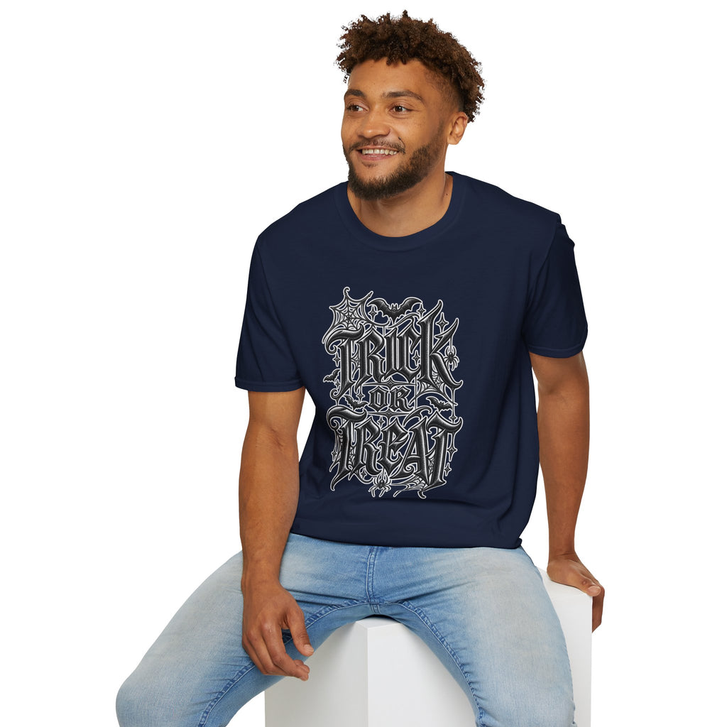 Funny Trick or Treat Gothic Blackletter Shirt | Edgy Spider Web Typography Tee | Minimalist Halloween T-Shirt