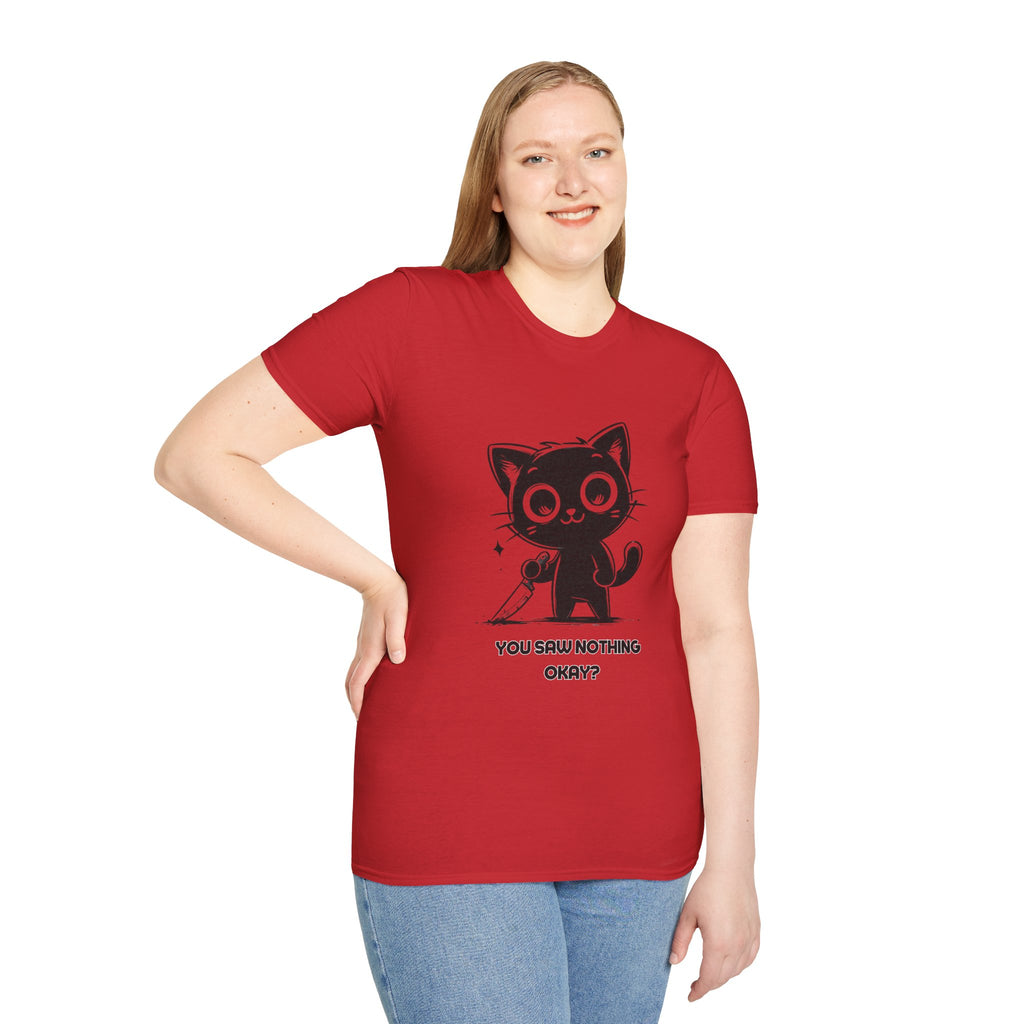 Women's and Men's Funny Cat T-shirt you saw nothing cat with bloody knife Halloween tee Soft Unisex Tshirt Gift for Her