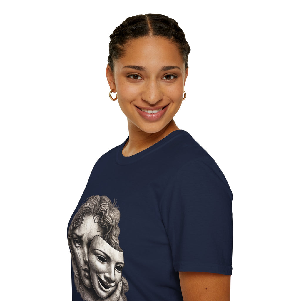 Crying Woman Mask Art T-Shirt | Hidden Emotions Sketch Graphic Tee Unisex Unisex Softstyle T-Shirt