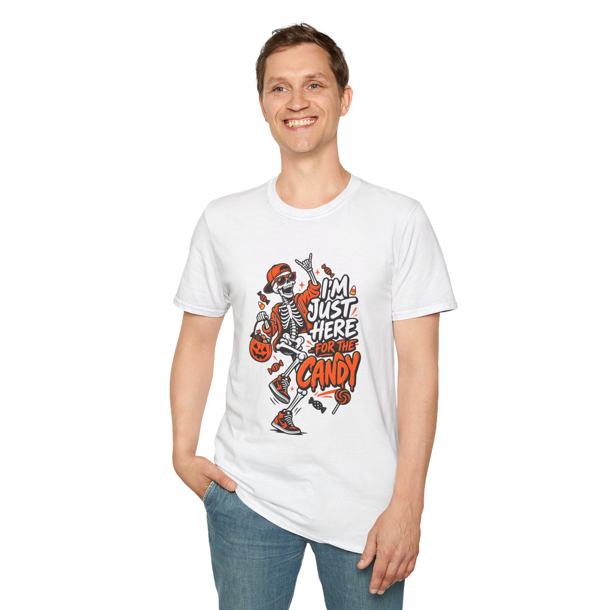 I'm Just Here for the Candy Shirt | Funny Dancing Skeleton Halloween Tee | Dark Humor Graphic T-Shirt