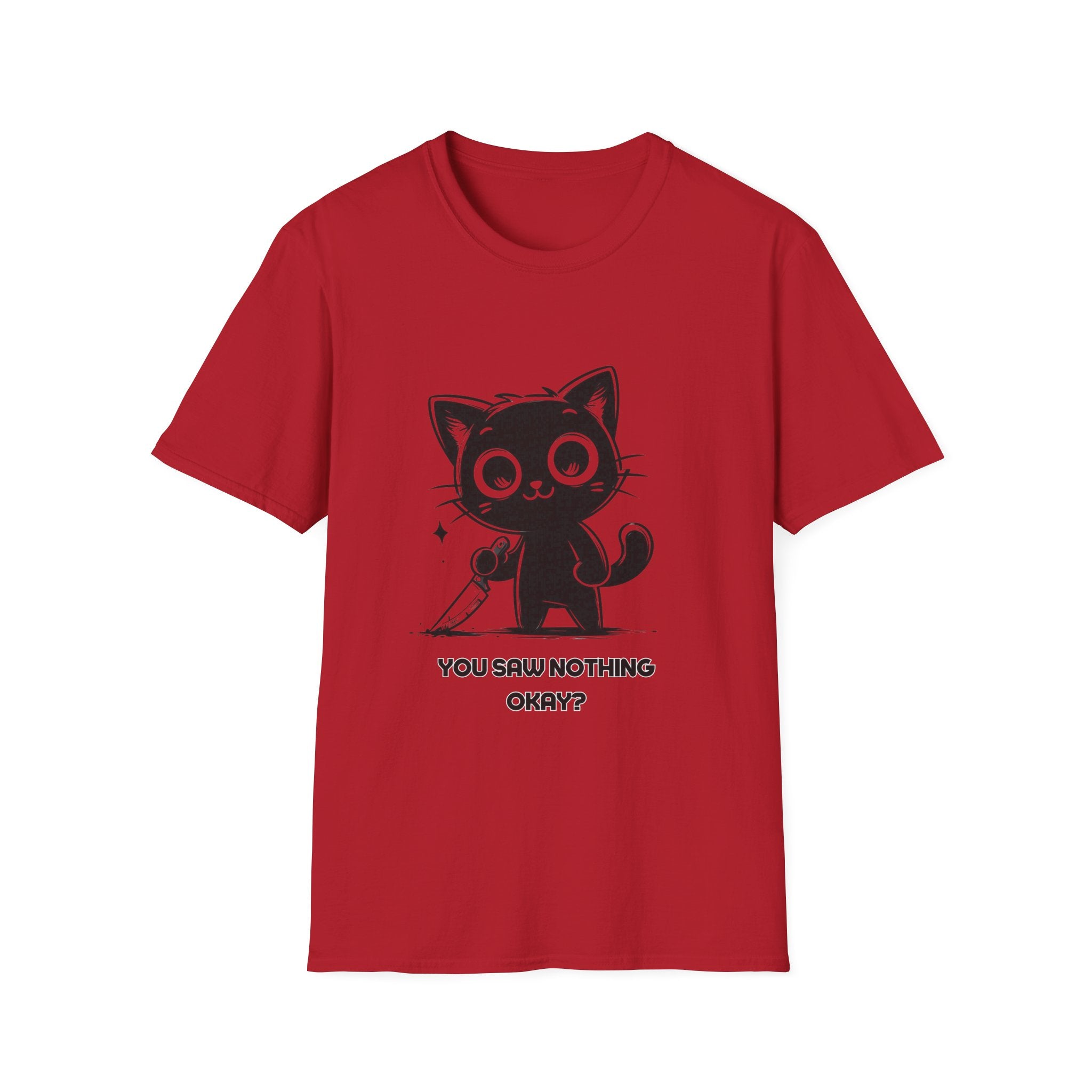 Women's and Men's Funny Cat T-shirt you saw nothing cat with bloody knife Halloween tee Soft Unisex Tshirt Gift for Her