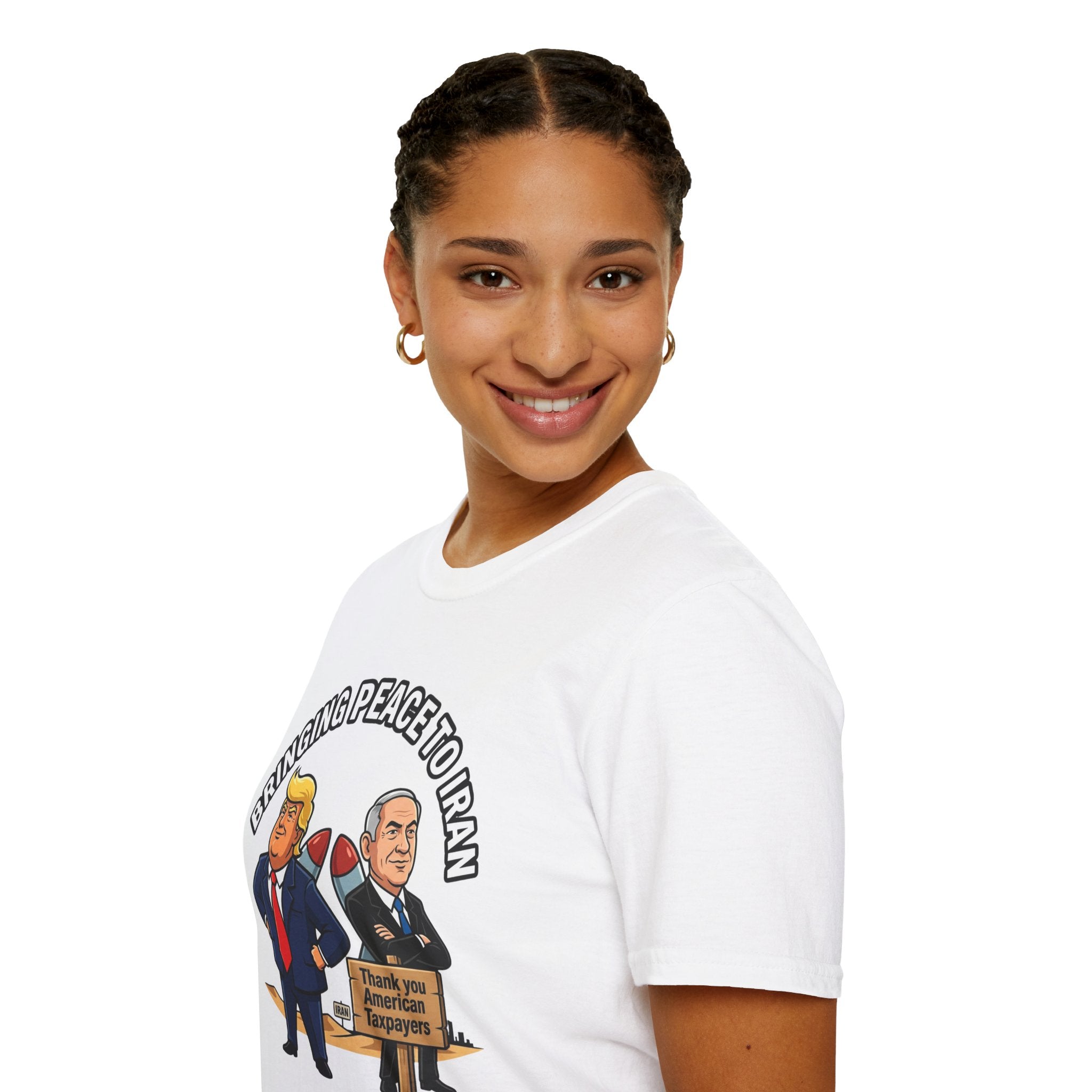 Trump T-Shirt Benjamin Netanyahu Iran War Satiric Mens Unisex Softstyle T-Shirt