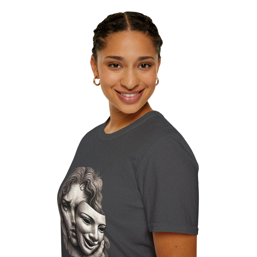 Crying Woman Mask Art T-Shirt | Hidden Emotions Sketch Graphic Tee Unisex Unisex Softstyle T-Shirt