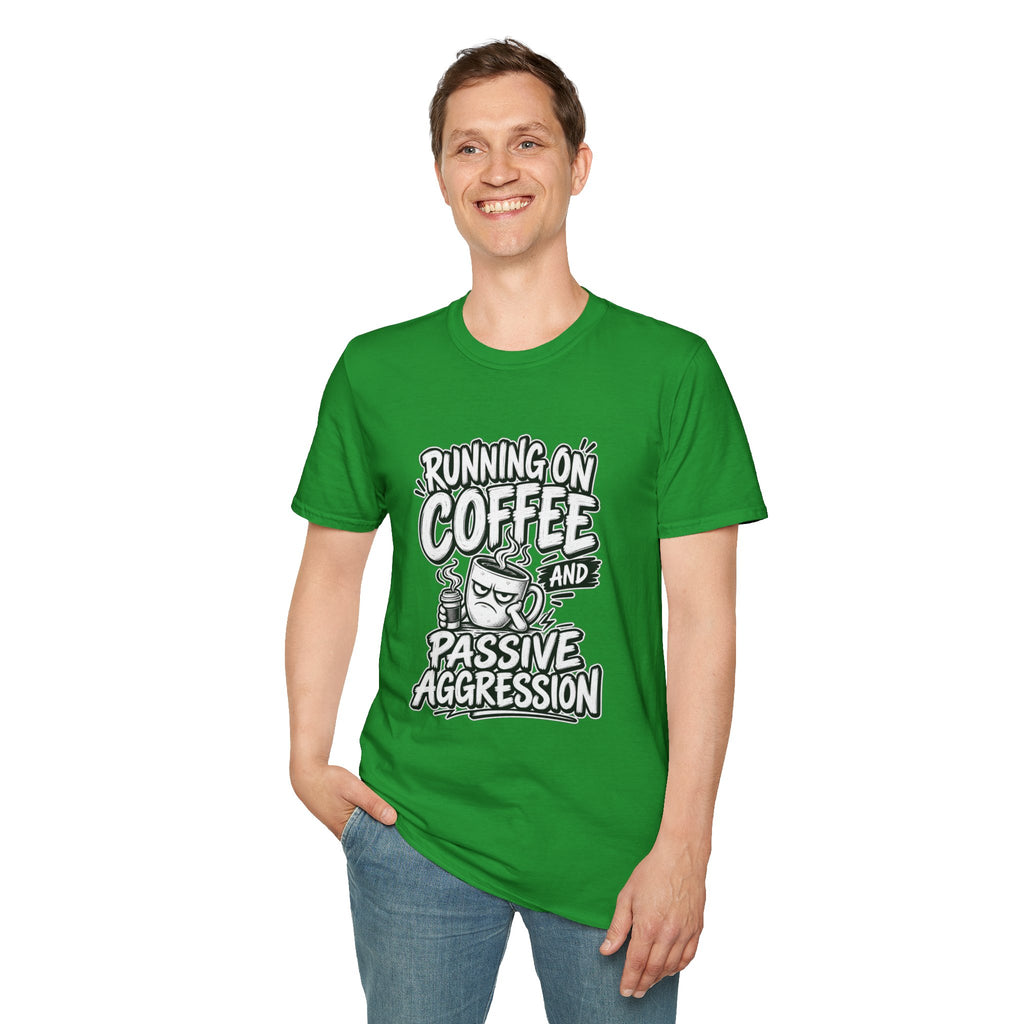 Funny Dark Humor Tshirt — Funny Office Tshirt Dark Humor Graphic Tee Unique Coworker Gift  RUNNING ON COFFEE AND PASSIVE AGGRESSION Shirt