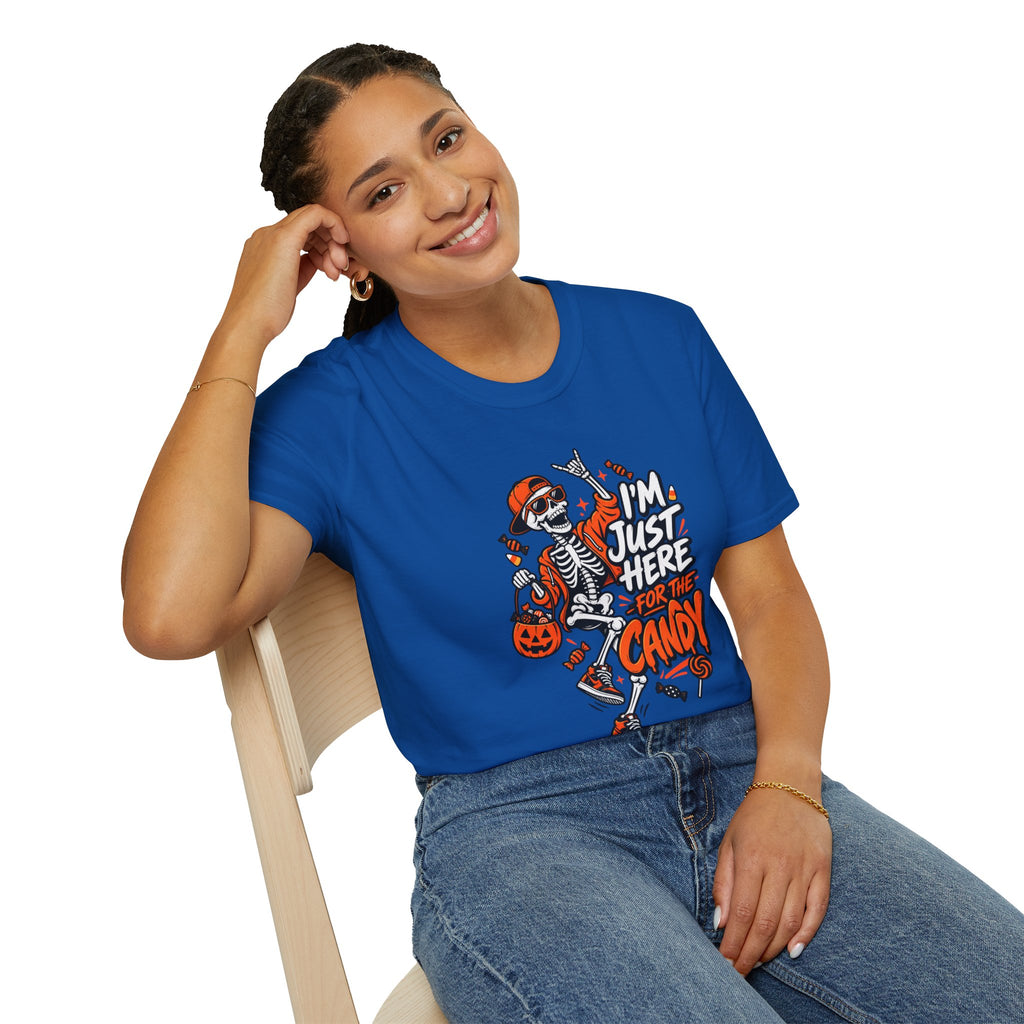 I'm Just Here for the Candy Shirt | Funny Dancing Skeleton Halloween Tee | Dark Humor Graphic T-Shirt