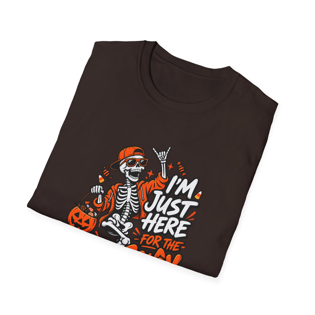 I'm Just Here for the Candy Shirt | Funny Dancing Skeleton Halloween Tee | Dark Humor Graphic T-Shirt