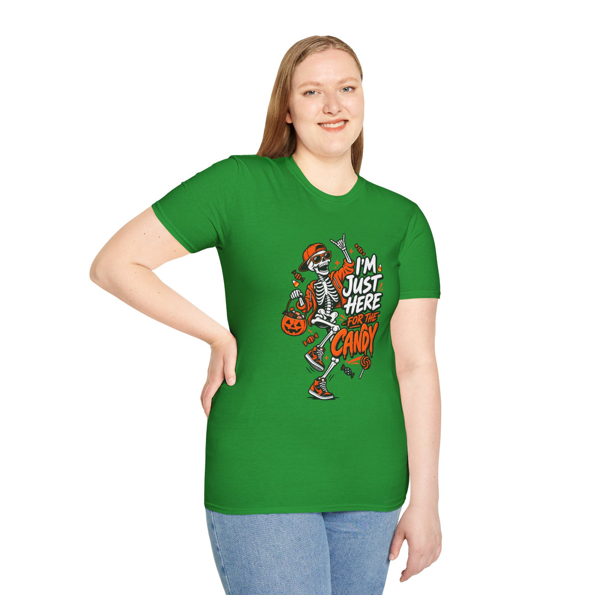 I'm Just Here for the Candy Shirt | Funny Dancing Skeleton Halloween Tee | Dark Humor Graphic T-Shirt