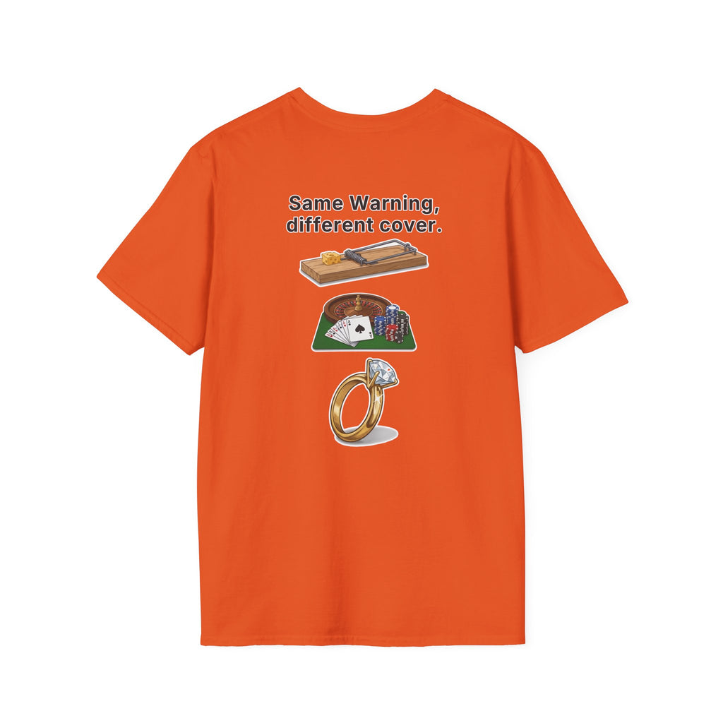 Funny Marriage T-Shirt Same Warning Different Cover Mousetrap Casino Ring Wedding Humor Shirt Groom Bachelor Party Tee