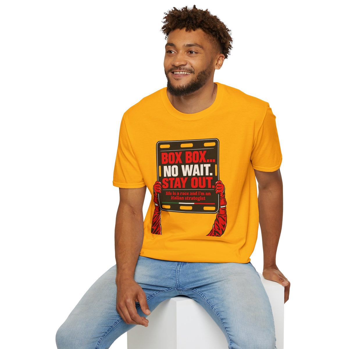 Funny Racing T-Shirt Box Box No Wait Stay Out Italian Strategist Motorsport Fan Shirt Unisex Softstyle Tee Race Day Gift