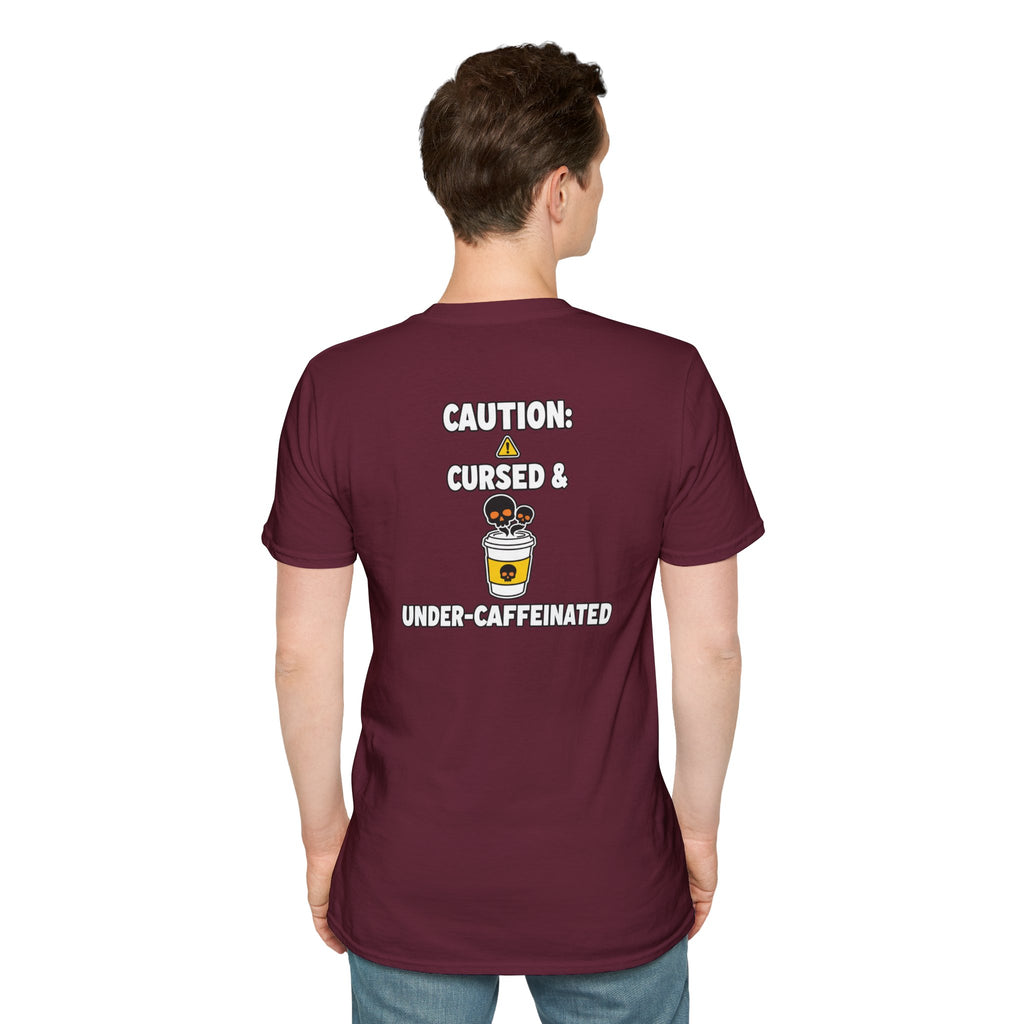 Dark Humor Halloween Shirt Caution Cursed And Under Caffeinated Funny Coffee Sarcastic Unisex Softstyle Tee Adult Halloween Gift