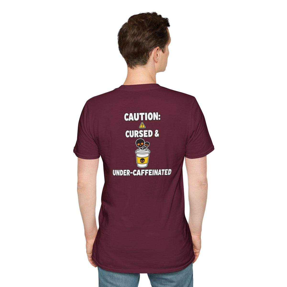 Dark Humor Halloween Shirt Caution Cursed And Under Caffeinated Funny Coffee Sarcastic Unisex Softstyle Tee Adult Halloween Gift