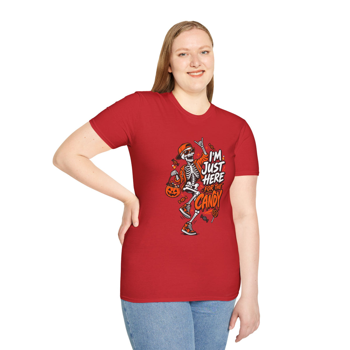 I'm Just Here for the Candy Shirt | Funny Dancing Skeleton Halloween Tee | Dark Humor Graphic T-Shirt