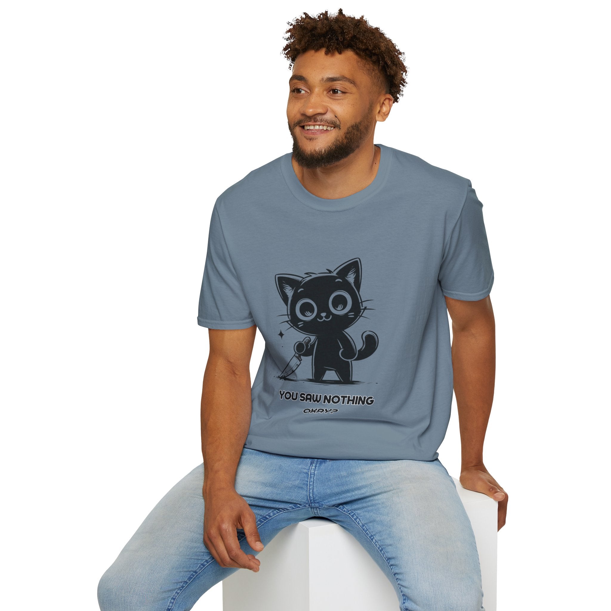 Women's and Men's Funny Cat T-shirt you saw nothing cat with bloody knife Halloween tee Soft Unisex Tshirt Gift for Her