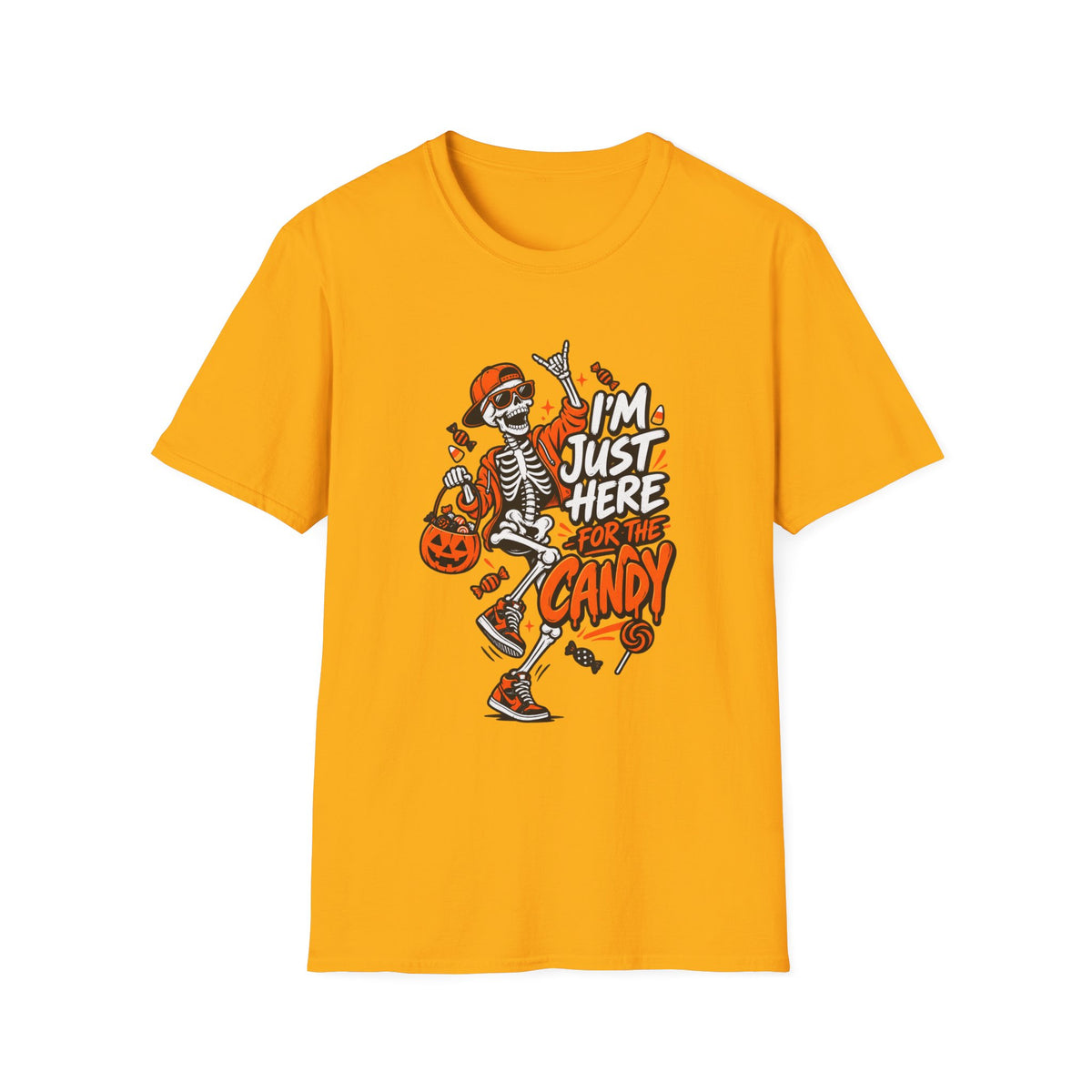 I'm Just Here for the Candy Shirt | Funny Dancing Skeleton Halloween Tee | Dark Humor Graphic T-Shirt