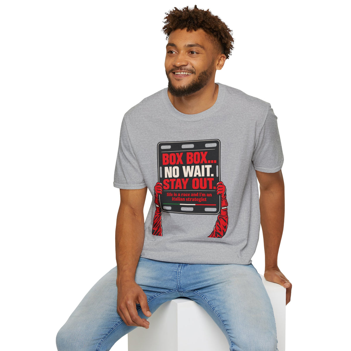 Funny Racing T-Shirt Box Box No Wait Stay Out Italian Strategist Motorsport Fan Shirt Unisex Softstyle Tee Race Day Gift