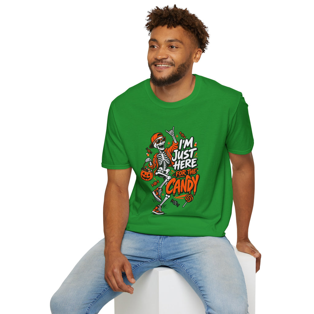 I'm Just Here for the Candy Shirt | Funny Dancing Skeleton Halloween Tee | Dark Humor Graphic T-Shirt