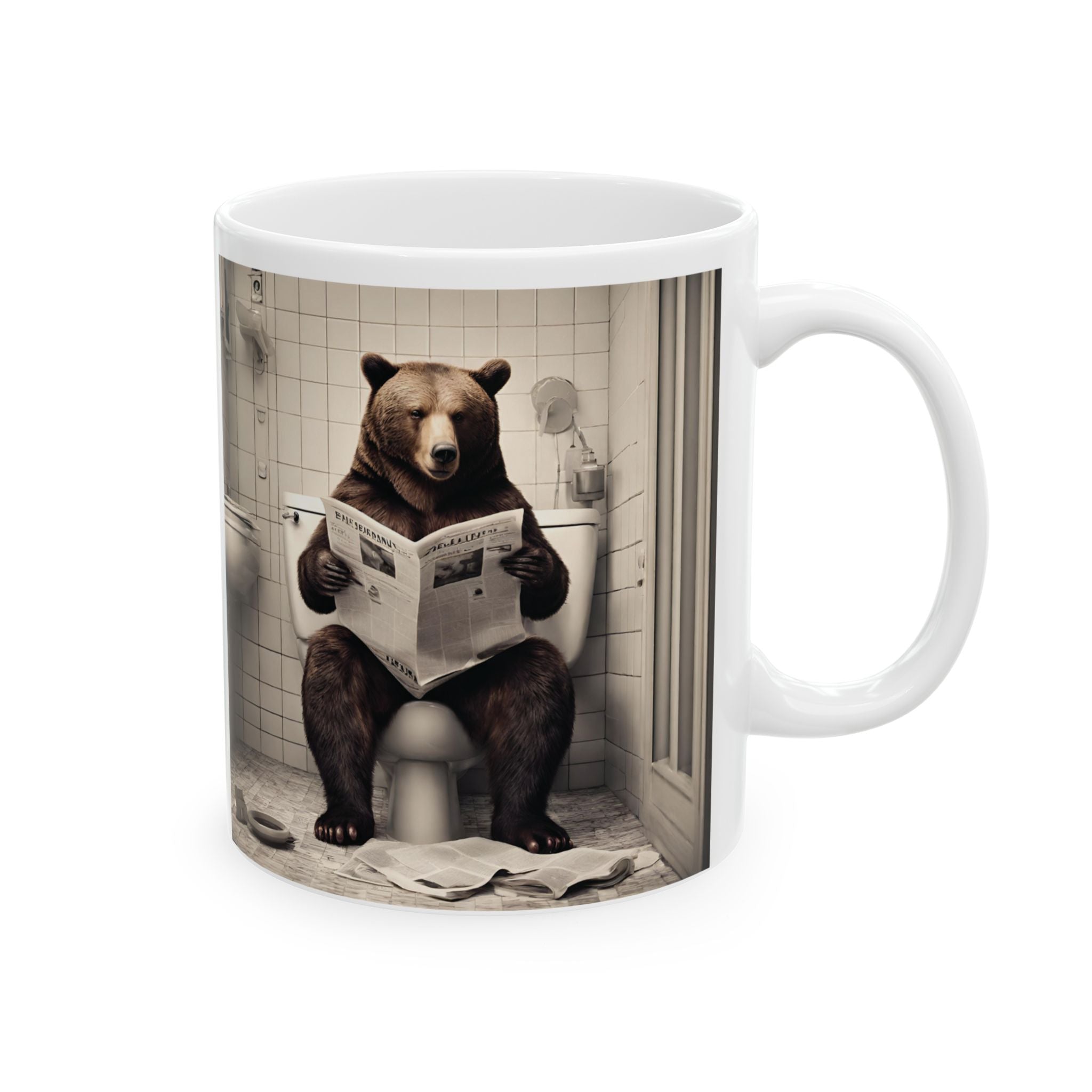 Funny Bear Sitting on Toilet Reading Newspaper Mug Gift Animal Coffee Mug 11oz Unique Cute Mug