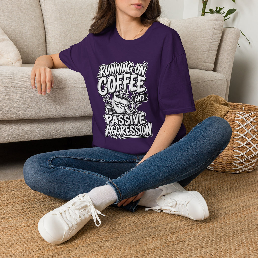 Funny Dark Humor Tshirt — Funny Office Tshirt Dark Humor Graphic Tee Unique Coworker Gift  RUNNING ON COFFEE AND PASSIVE AGGRESSION Shirt