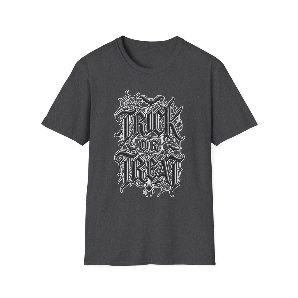 Funny Trick or Treat Gothic Blackletter Shirt | Edgy Spider Web Typography Tee | Minimalist Halloween T-Shirt