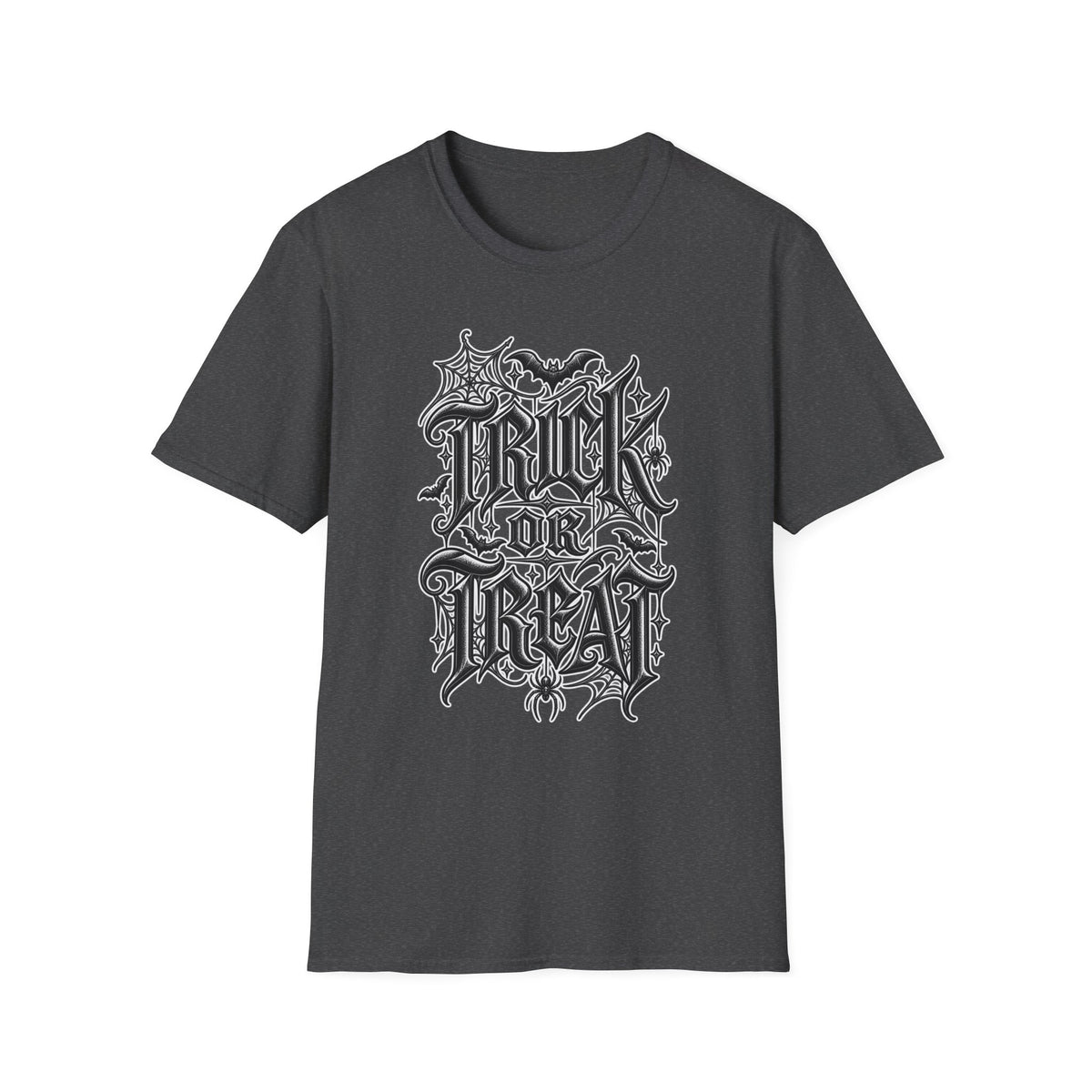 Funny Trick or Treat Gothic Blackletter Shirt | Edgy Spider Web Typography Tee | Minimalist Halloween T-Shirt