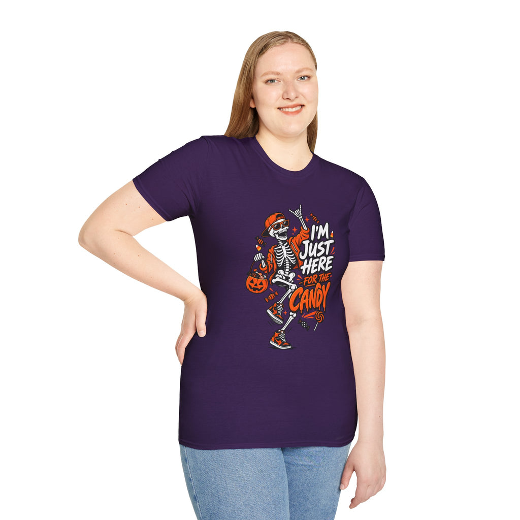 I'm Just Here for the Candy Shirt | Funny Dancing Skeleton Halloween Tee | Dark Humor Graphic T-Shirt