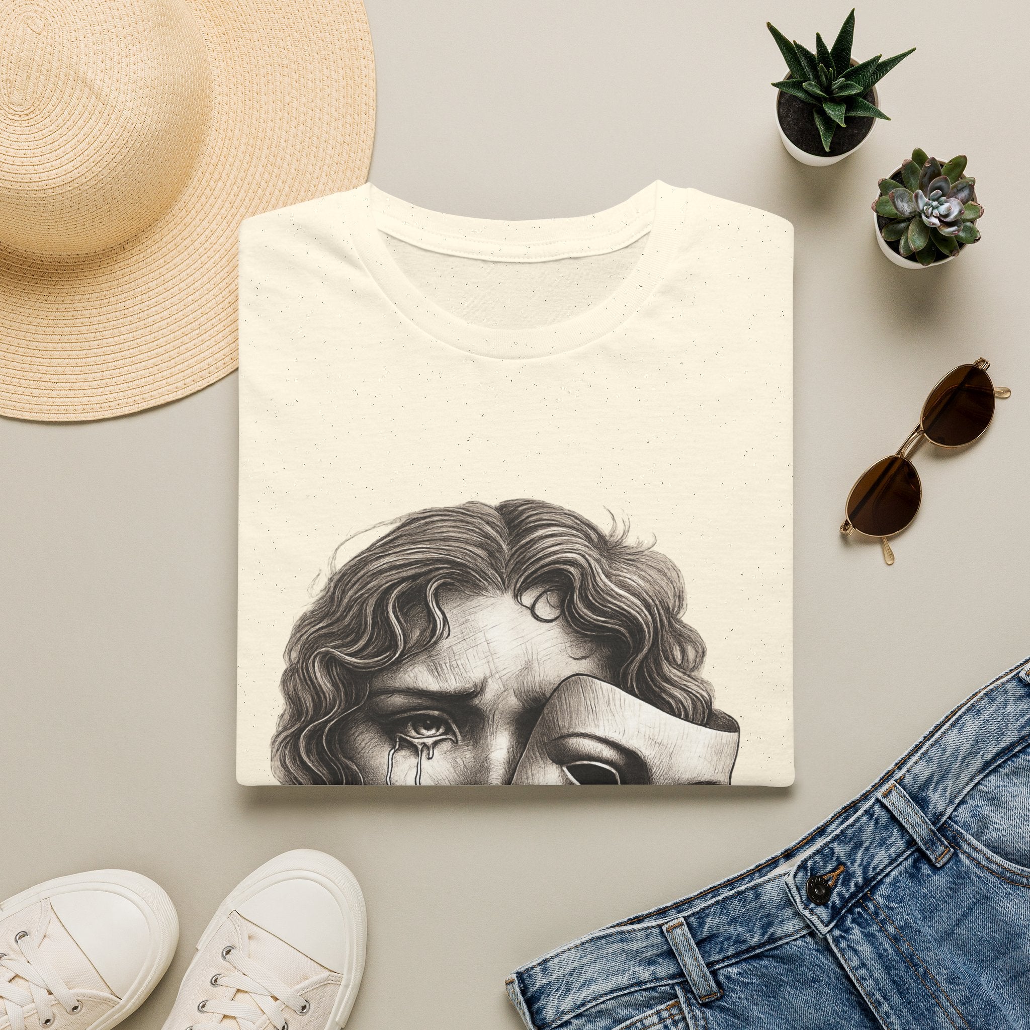 Crying Woman Mask Art T-Shirt | Hidden Emotions Sketch Graphic Tee Unisex Unisex Softstyle T-Shirt