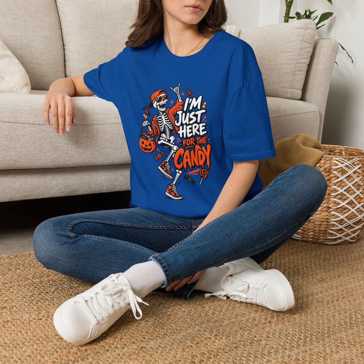 I'm Just Here for the Candy Shirt | Funny Dancing Skeleton Halloween Tee | Dark Humor Graphic T-Shirt