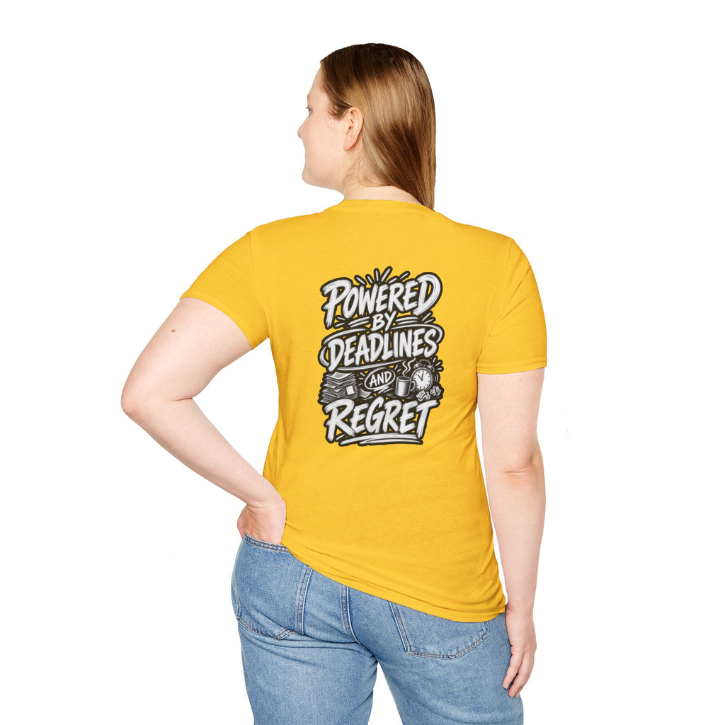 Funny Dark Humor Shirt Powered by Deadlines and Regret Funny Office Tee Unique Coworker Gift