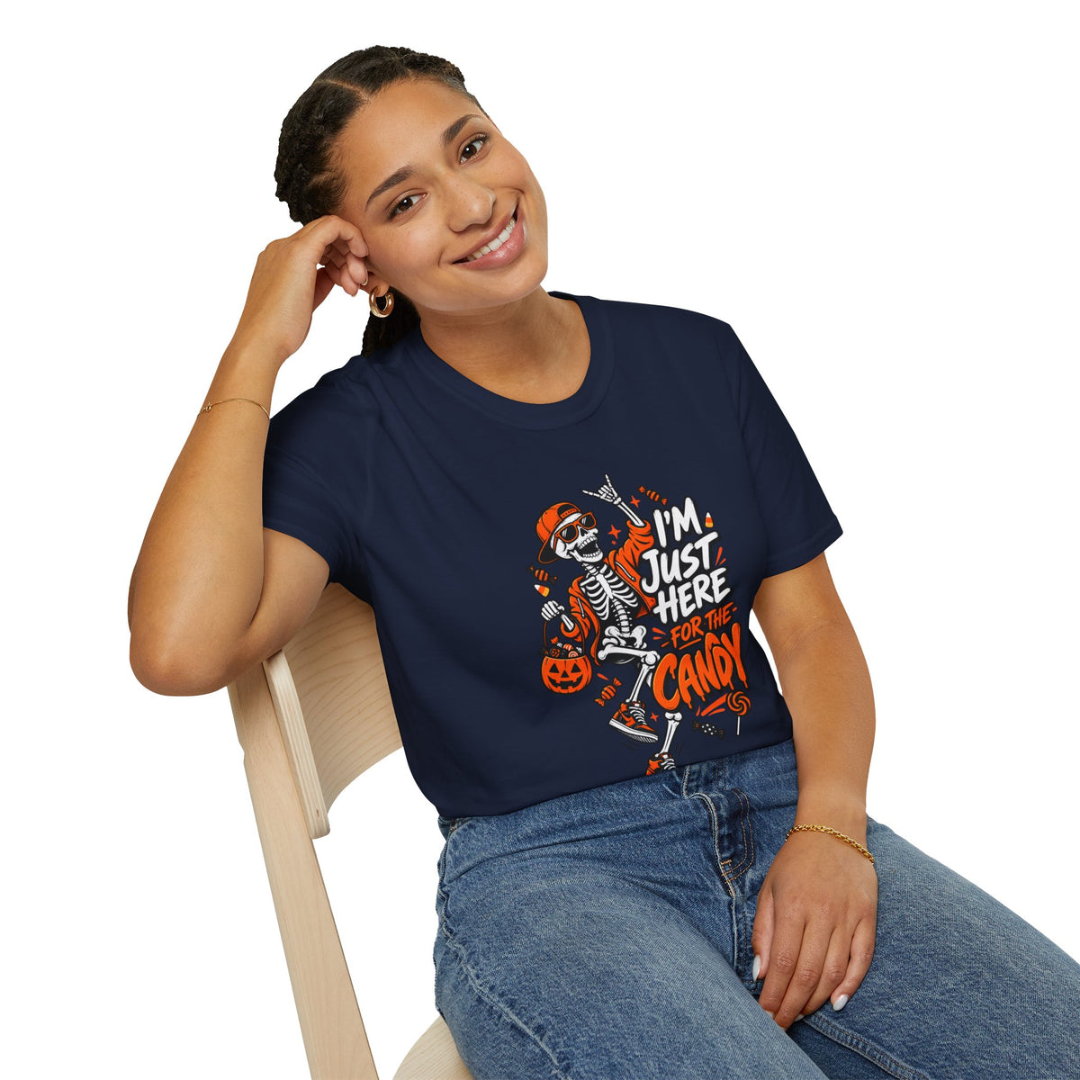 I'm Just Here for the Candy Shirt | Funny Dancing Skeleton Halloween Tee | Dark Humor Graphic T-Shirt