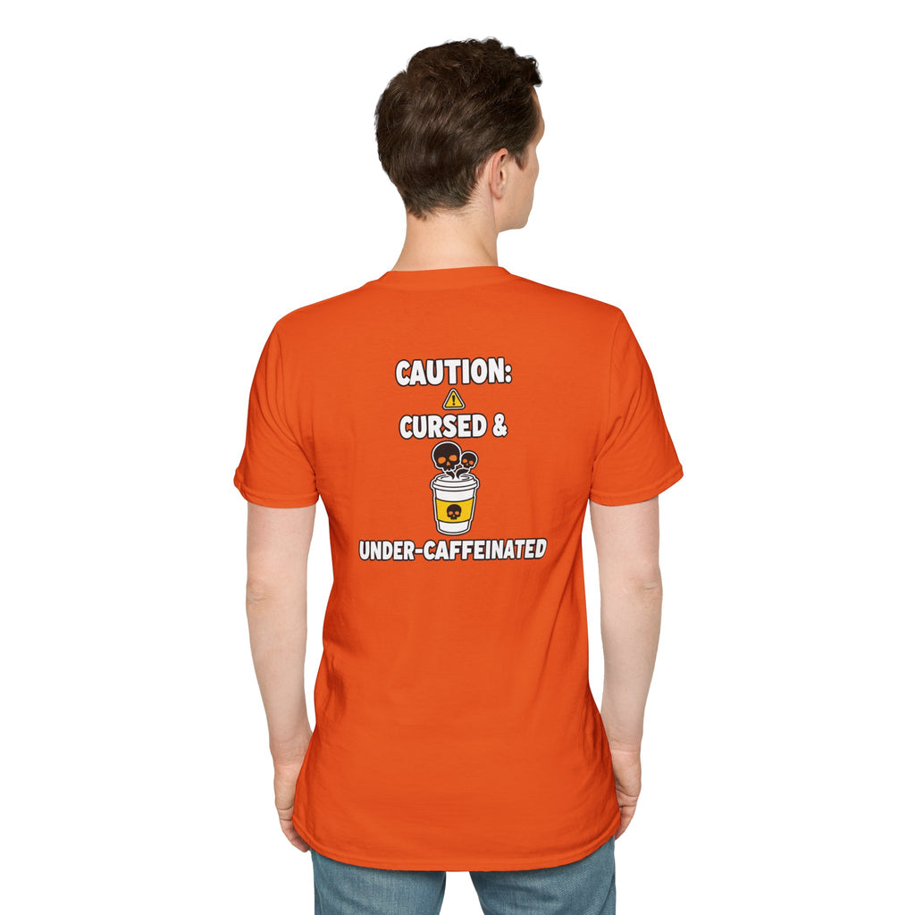 Dark Humor Halloween Shirt Caution Cursed And Under Caffeinated Funny Coffee Sarcastic Unisex Softstyle Tee Adult Halloween Gift
