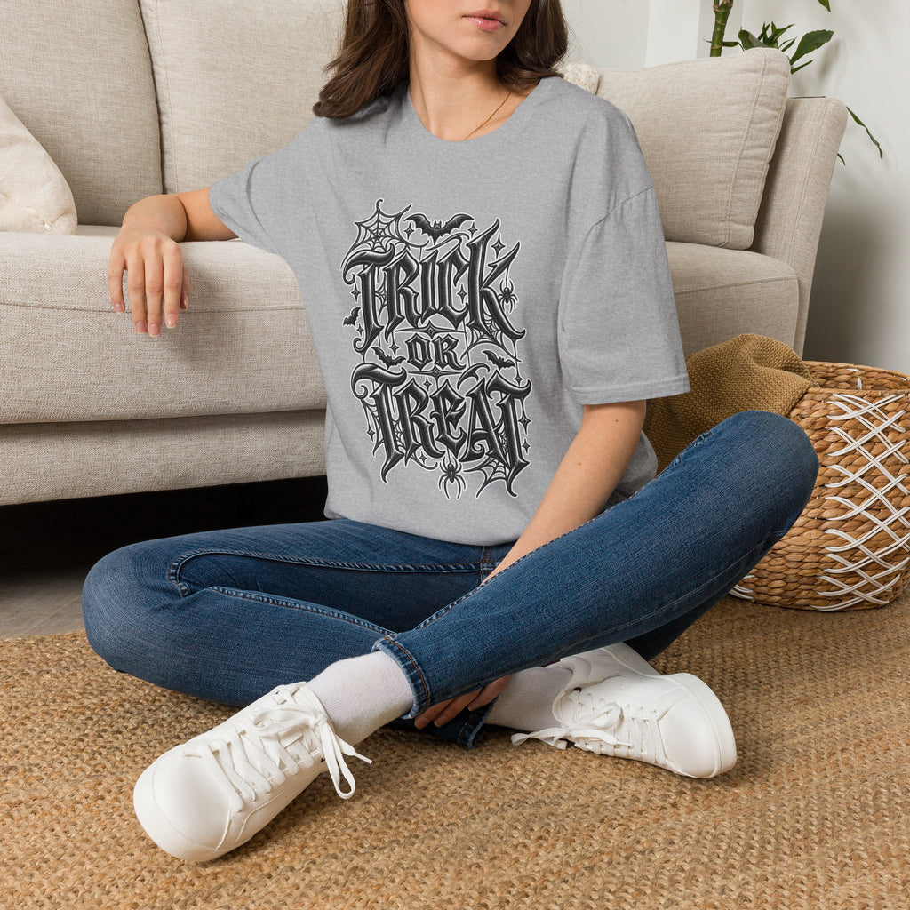 Funny Trick or Treat Gothic Blackletter Shirt | Edgy Spider Web Typography Tee | Minimalist Halloween T-Shirt