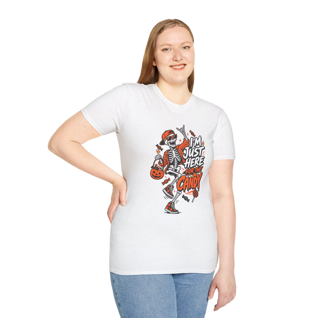 I'm Just Here for the Candy Shirt | Funny Dancing Skeleton Halloween Tee | Dark Humor Graphic T-Shirt