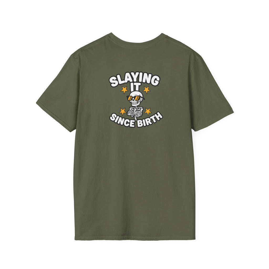 Dark Humor Halloween Shirt Slaying It Since Birth Funny Skeleton Sarcastic Unisex Softstyle Tee Adult Halloween Gift