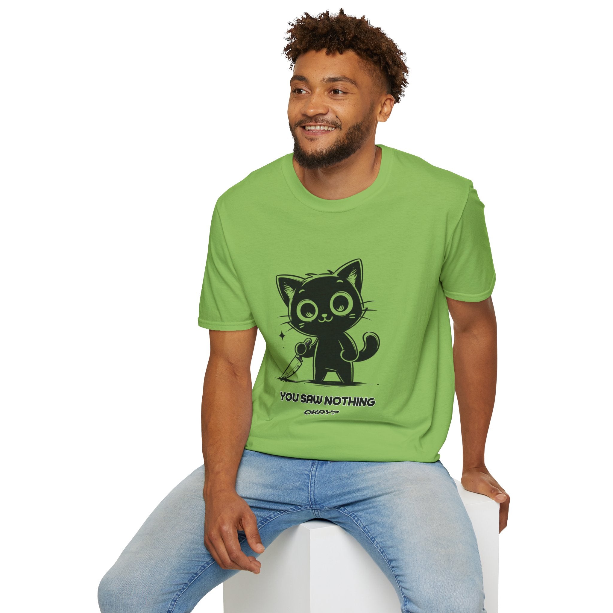 Women's and Men's Funny Cat T-shirt you saw nothing cat with bloody knife Halloween tee Soft Unisex Tshirt Gift for Her