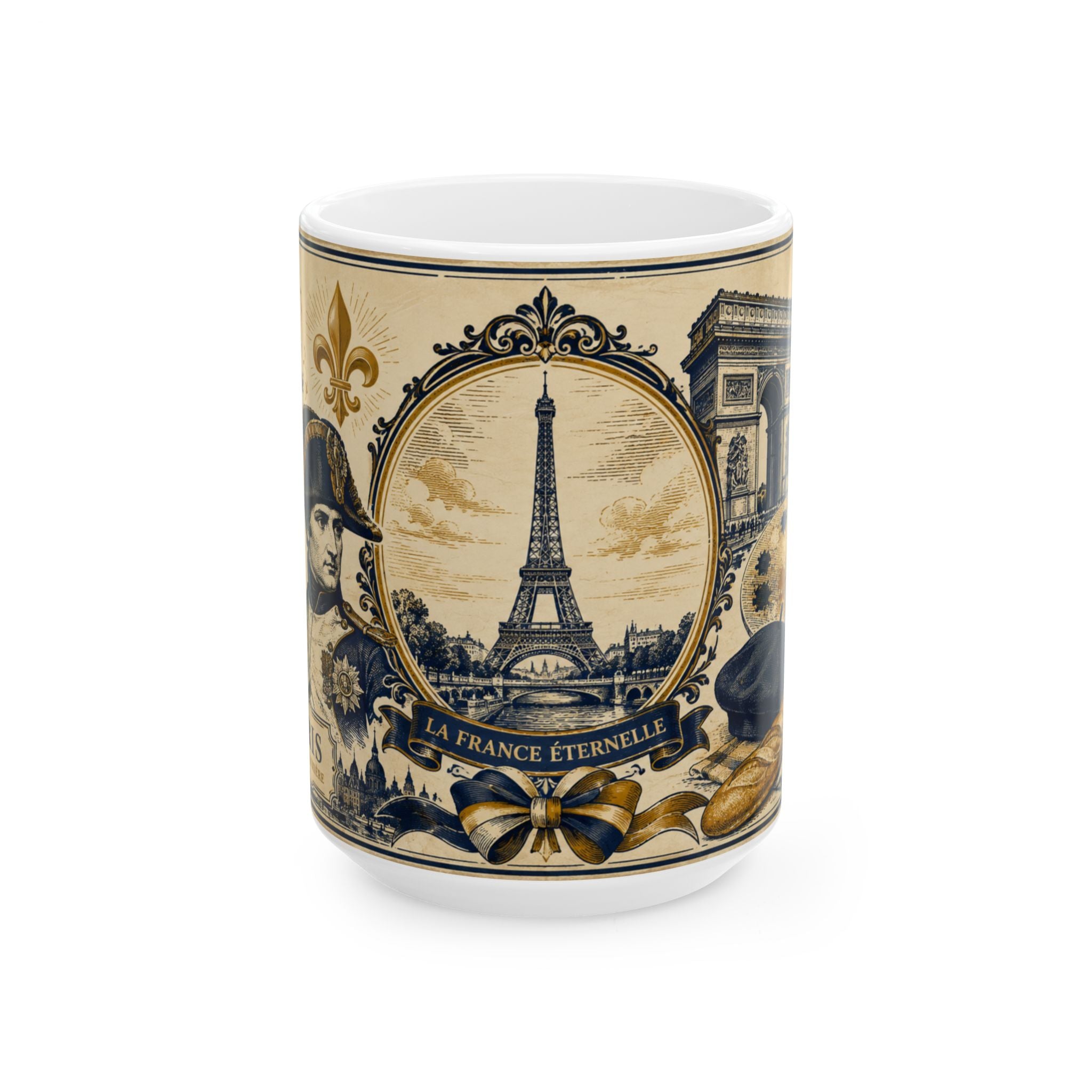 Ceramic Travel Mug Vintage France Emblem Mug Eiffel Tower Fleur de Lis Coffee Cup Gift