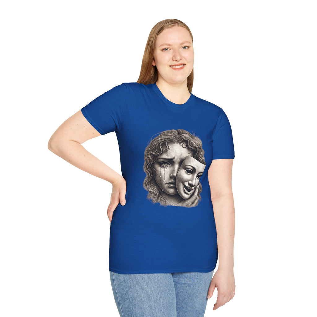 Crying Woman Mask Art T-Shirt | Hidden Emotions Sketch Graphic Tee Unisex Unisex Softstyle T-Shirt