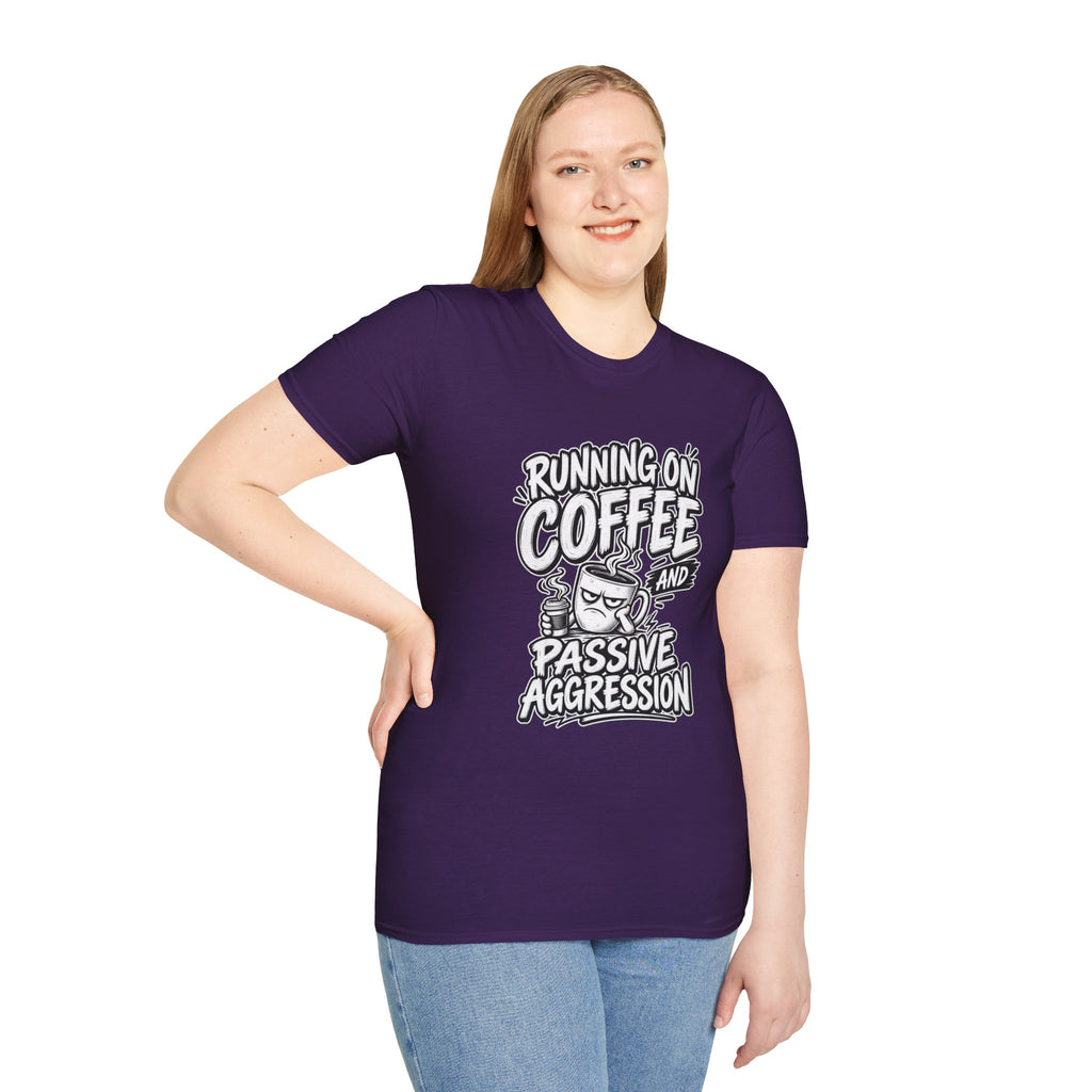 Funny Dark Humor Tshirt — Funny Office Tshirt Dark Humor Graphic Tee Unique Coworker Gift  RUNNING ON COFFEE AND PASSIVE AGGRESSION Shirt