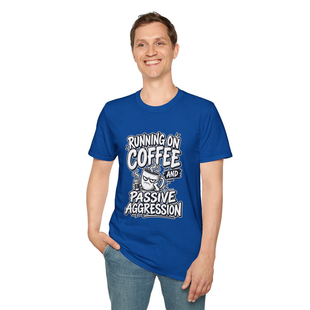 Funny Dark Humor Tshirt — Funny Office Tshirt Dark Humor Graphic Tee Unique Coworker Gift  RUNNING ON COFFEE AND PASSIVE AGGRESSION Shirt