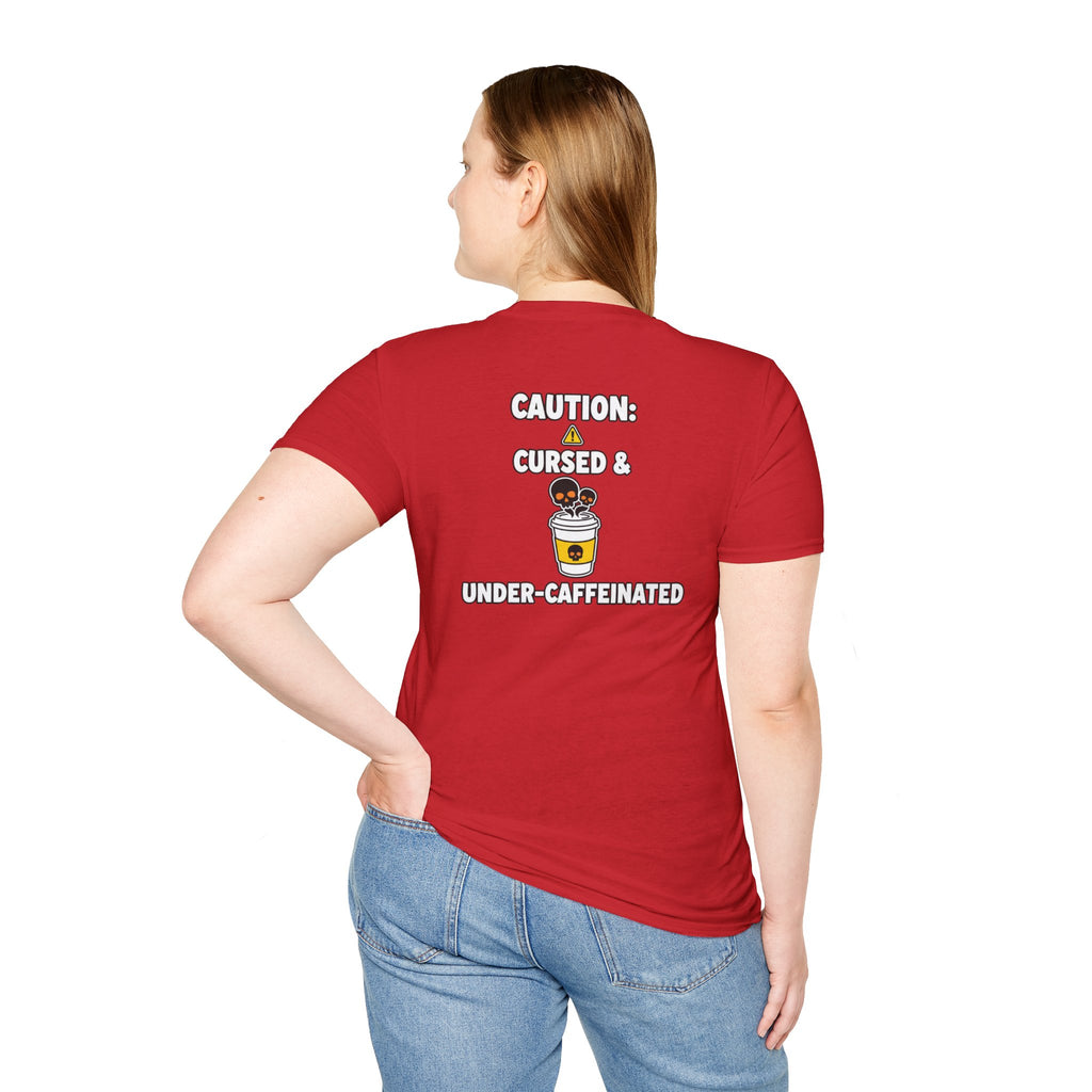 Dark Humor Halloween Shirt Caution Cursed And Under Caffeinated Funny Coffee Sarcastic Unisex Softstyle Tee Adult Halloween Gift