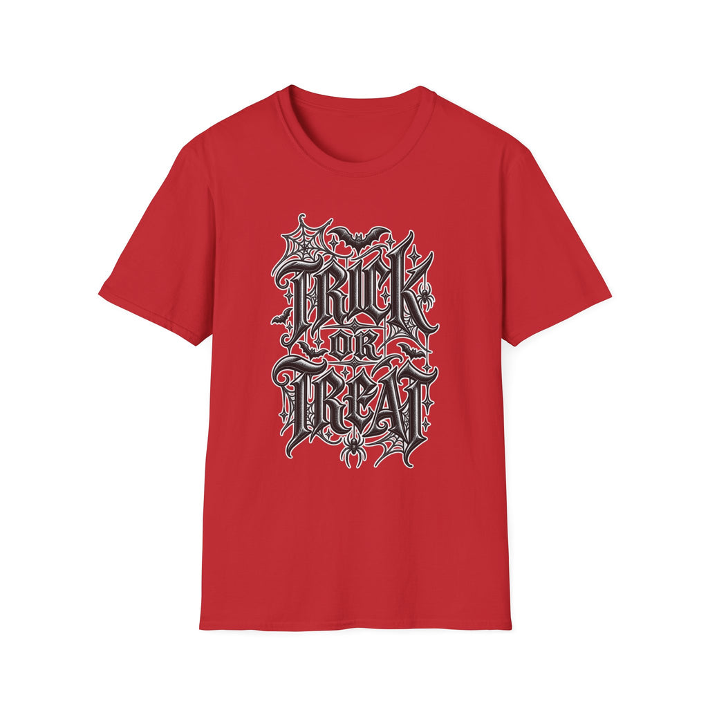 Funny Trick or Treat Gothic Blackletter Shirt | Edgy Spider Web Typography Tee | Minimalist Halloween T-Shirt