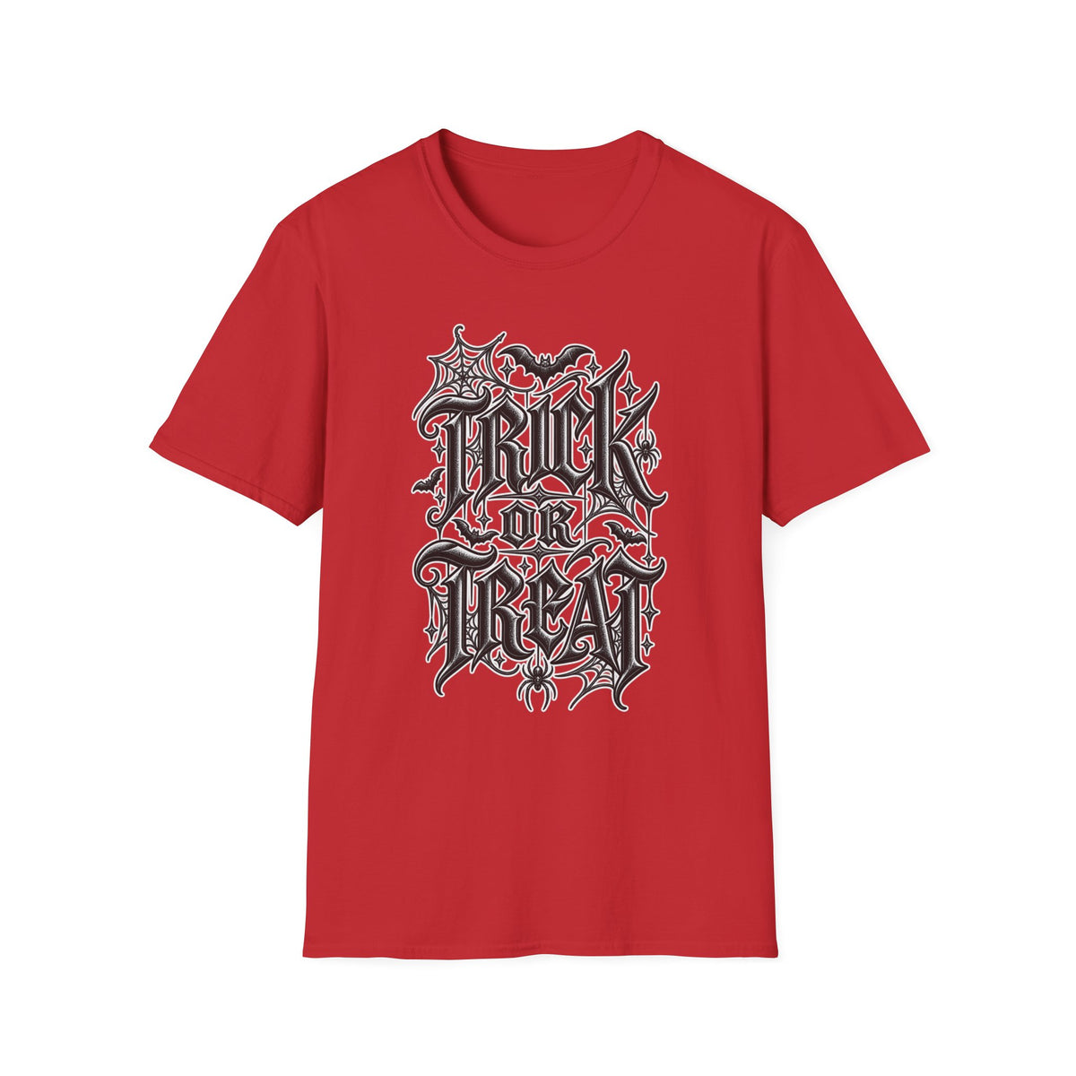 Funny Trick or Treat Gothic Blackletter Shirt | Edgy Spider Web Typography Tee | Minimalist Halloween T-Shirt