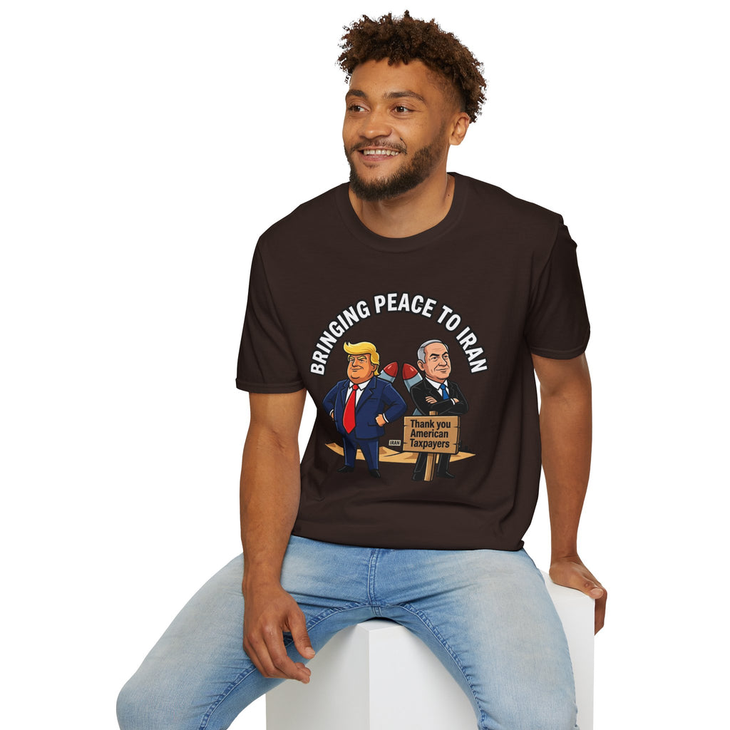 Trump T-Shirt Benjamin Netanyahu Iran War Satiric Mens Unisex Softstyle T-Shirt