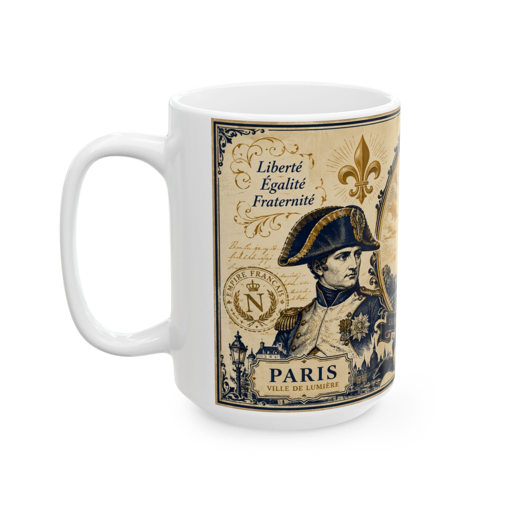 Ceramic Travel Mug Vintage France Emblem Mug Eiffel Tower Fleur de Lis Coffee Cup Gift