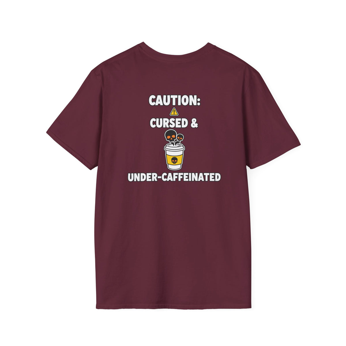Dark Humor Halloween Shirt Caution Cursed And Under Caffeinated Funny Coffee Sarcastic Unisex Softstyle Tee Adult Halloween Gift