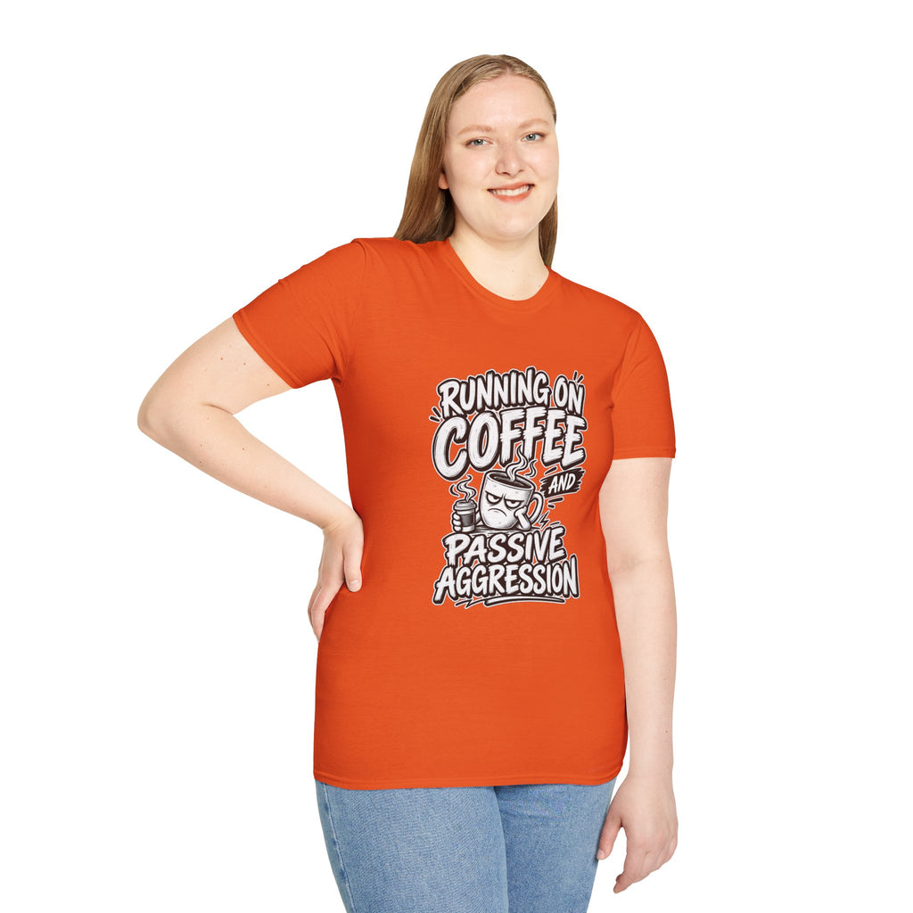 Funny Dark Humor Tshirt — Funny Office Tshirt Dark Humor Graphic Tee Unique Coworker Gift  RUNNING ON COFFEE AND PASSIVE AGGRESSION Shirt