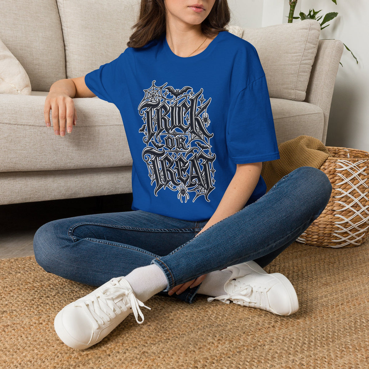 Funny Trick or Treat Gothic Blackletter Shirt | Edgy Spider Web Typography Tee | Minimalist Halloween T-Shirt
