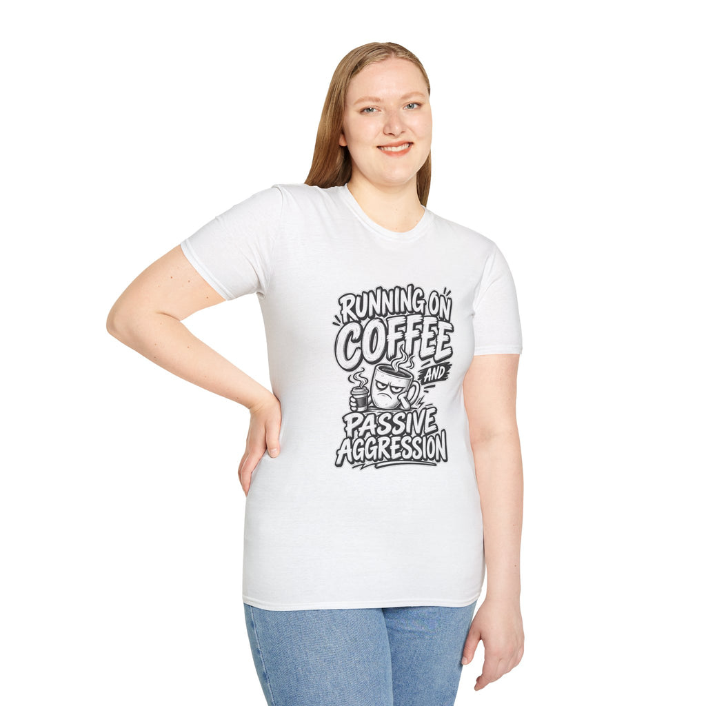 Funny Dark Humor Tshirt — Funny Office Tshirt Dark Humor Graphic Tee Unique Coworker Gift  RUNNING ON COFFEE AND PASSIVE AGGRESSION Shirt