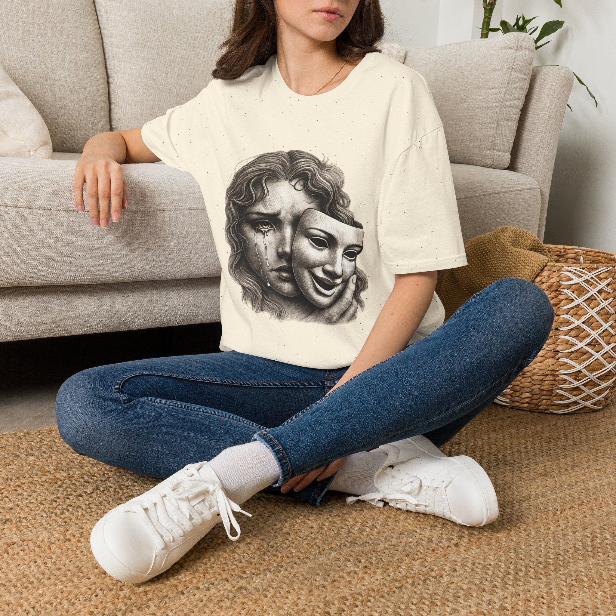 Crying Woman Mask Art T-Shirt | Hidden Emotions Sketch Graphic Tee Unisex Unisex Softstyle T-Shirt