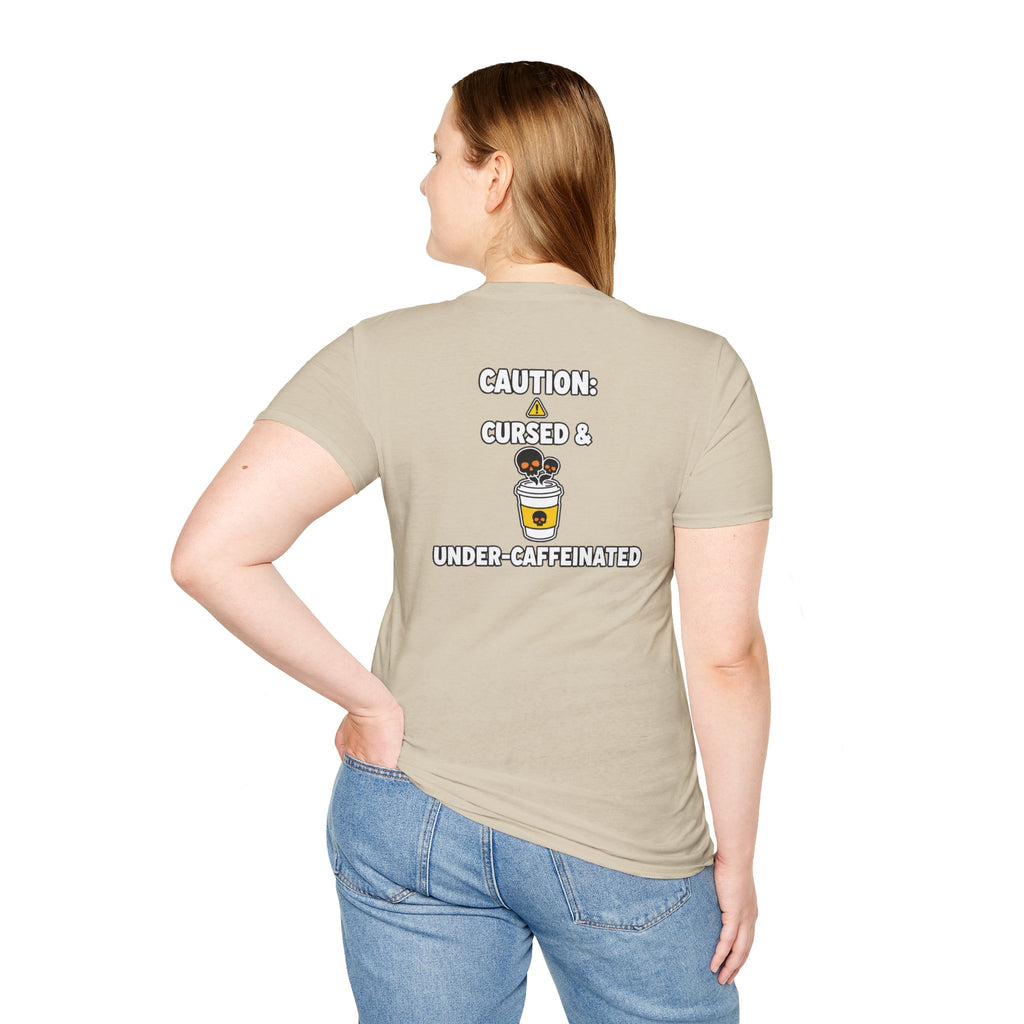 Dark Humor Halloween Shirt Caution Cursed And Under Caffeinated Funny Coffee Sarcastic Unisex Softstyle Tee Adult Halloween Gift