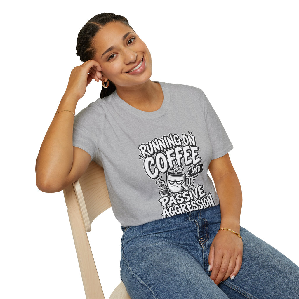 Funny Dark Humor Tshirt — Funny Office Tshirt Dark Humor Graphic Tee Unique Coworker Gift  RUNNING ON COFFEE AND PASSIVE AGGRESSION Shirt